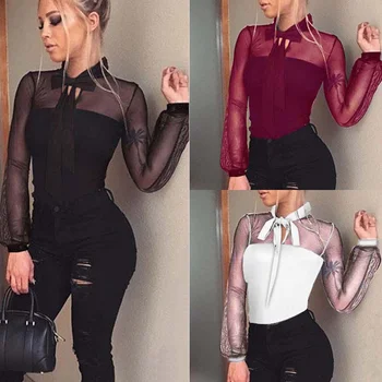 

Sexy Jumpsuit Women Long Sleeves Bodysuit Mesh Lace Up Tulle Bodysuit Leotard Sleepwear Tops Jumpsuit Women Rompers