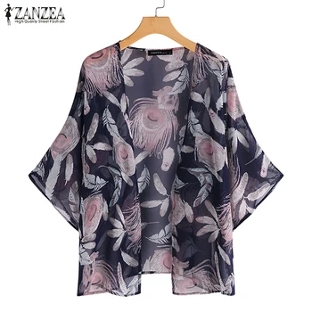 

2020 ZANZEA Women Blouses Autumn Shirt Sexy Cardigan Printed Blusas Three Quarter Sleeve Plus Size 5XL Vintage Party Beach Tops