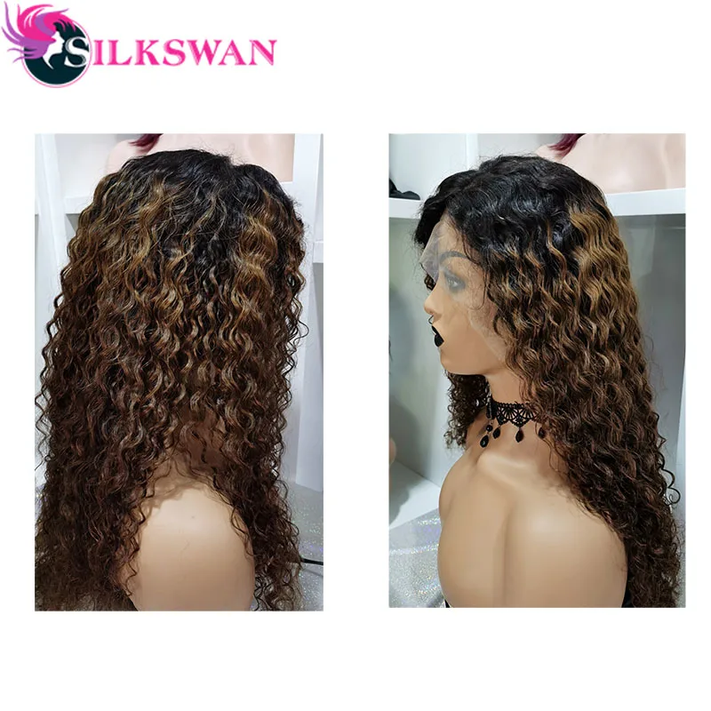 Silkswan 13x4 человеческие волосы на кружеве парики#1B/4 кудрявые Кудрявые Парики 150 плотность бразильские человеческие волосы Remy парики шнурка 8-20 дюймов