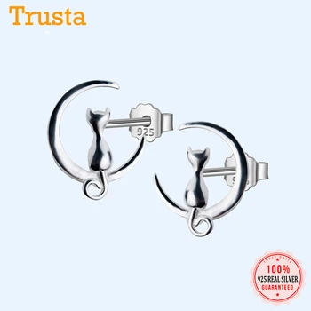 

Trustdavis New Women's Fashion 100% 925 Sterling Silver Fashion Small Cute Cat on The Moon Stud Earrings Girls Kids Gift DT74