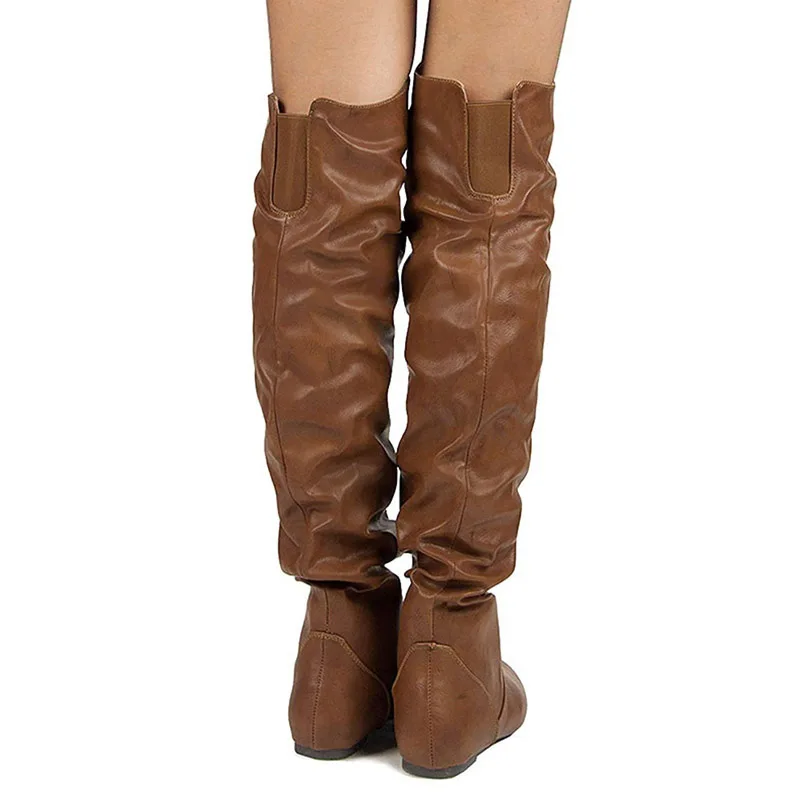 Lasyarrow Over The Knee Boots Women Pu Elastic Boots Female Round Toe Shoes Concise Flat Shoes Autumn Winter Plus Size 48