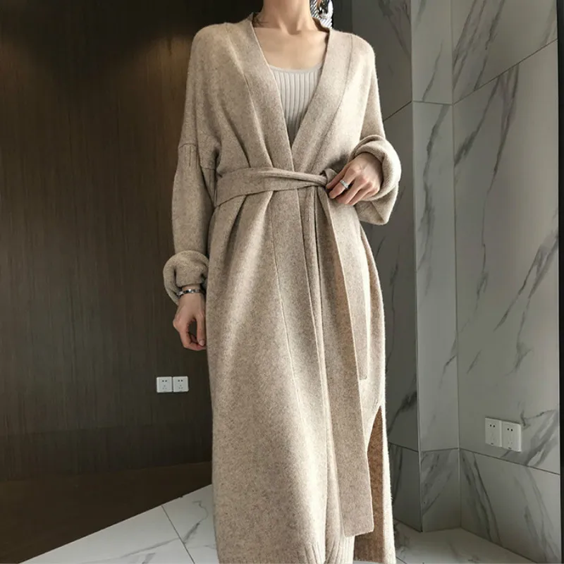 2021 Women Autumn Winter Long Cashmere Knitted Cardigan Sweater Sashes Open Stitch Oatmeal Color Split Hem Crochet Outerwear |