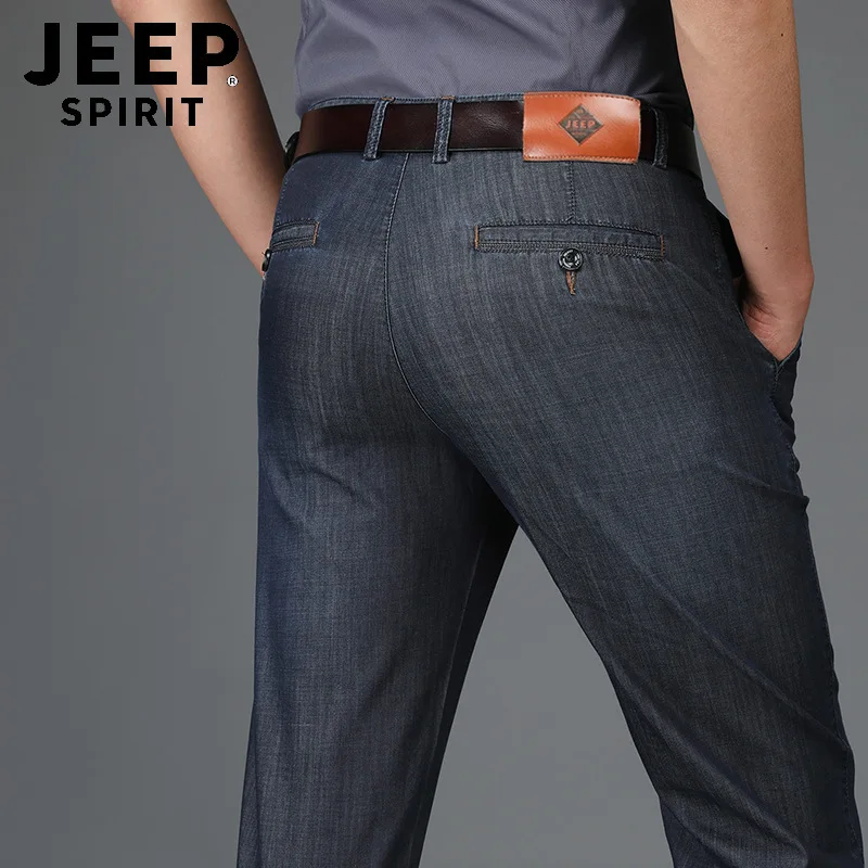 JEEP SPIRIT Брендовые мужские джинсы Лето Осень тонкая джинсовая ткань, Tencel Брюки мужские деловые повседневные Прямые джинсы со средней талией мужские - Цвет: Черный