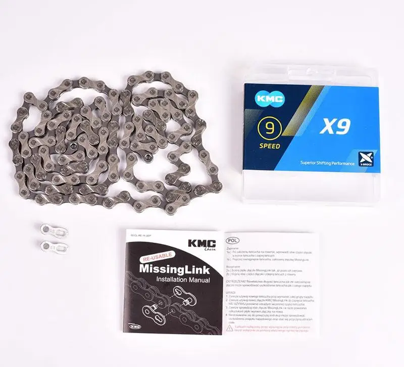 Велосипедная цепь KMC X9 X9.93 MTB дорожный велосипед серебряная цепь 116L 9 скоростная волшебная кнопка горный с оригинальной коробкой и MissingLin