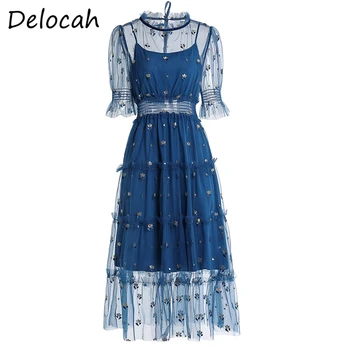 

Delocah Spring Summer Women Dress Runway Fashion Designer Lantern Sleeve Gorgeous Embroidery Slim Female Holiday Midi Dresses