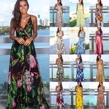 Femmes fronde fleurs longues robes arrivée 2020 été Boho col en v sans manches soirée soirée plage Maxi robe décontracté robe d'été(China)