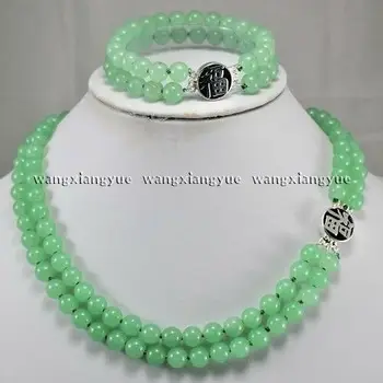 

2Rows Natural 8mm Green Jade Gemstones Jewelry Necklace Bracelet Set AAA Grade jade