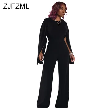 

Fall Winter Solid Sexy 2 Piece Set Women Round Neck Split Long Sleeve T Shirt + High Waist Wide Leg Pants Irregular Club Outfits