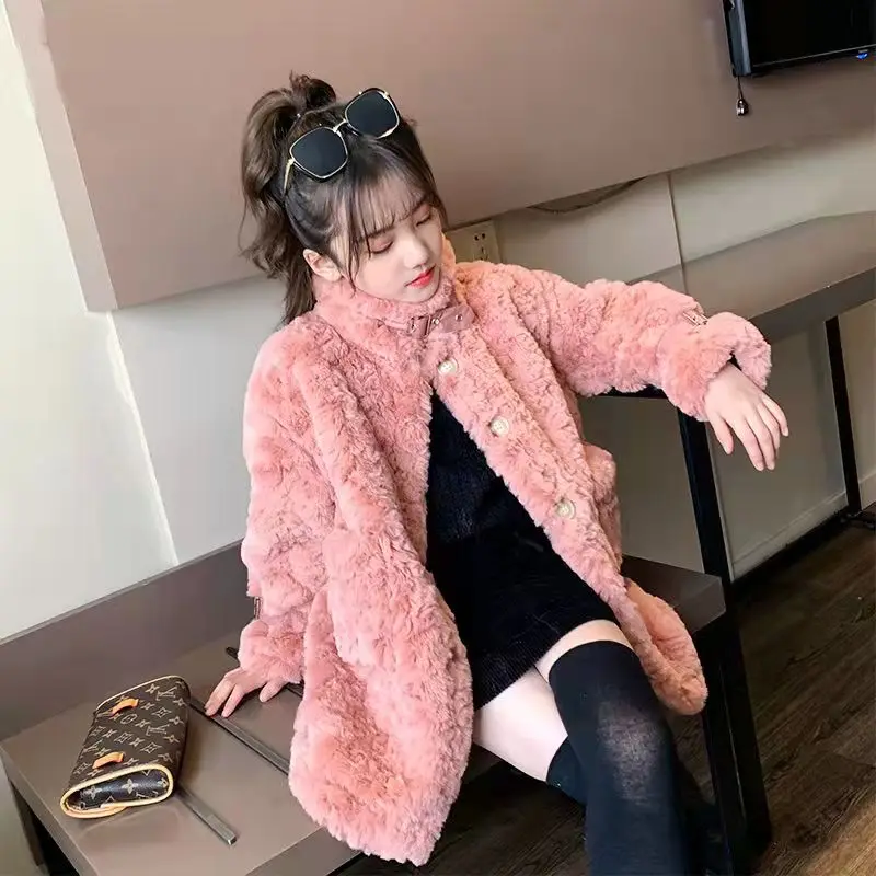 Girls' winter fur integrated coat imitation rabbit medium long parent-child wool |