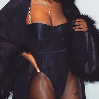 

2019 New Metal Chain Sling Bodysuit Top Sexy Mesh Striped Rompers Transparent Jumpsuit Sexy Black Party Playsuit Coveralls