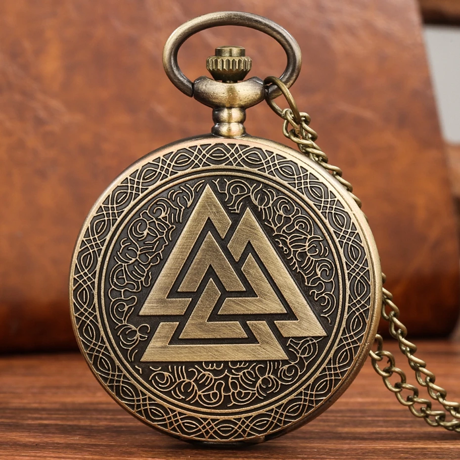 Bronze Vintage Triangle Valknut Norse Vikings Quartz Pocket Watch
