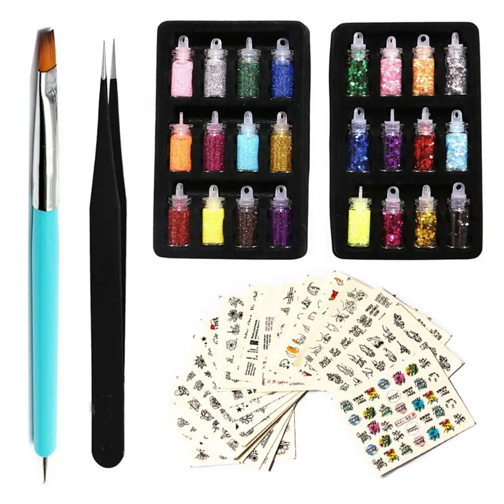 Разноцветные Блестки для ногтей, блестящая пудра, наклейки для маникюра, нейл-арта, наклейки с кистью, пинцеты для женщин, быстрая, практичная