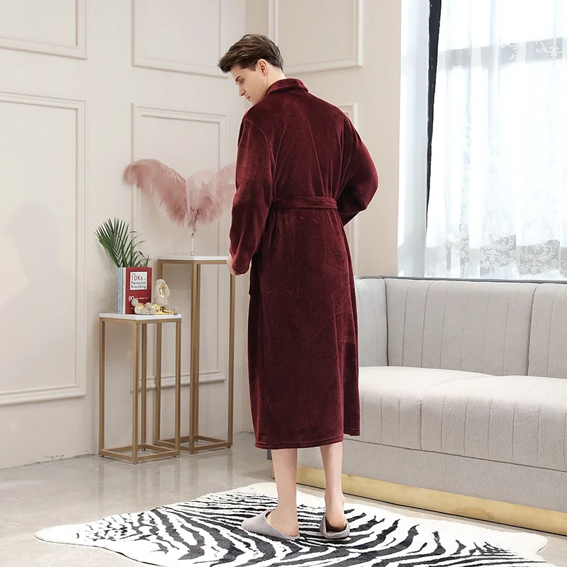 Autumn And Winter Robe Solid Color Lace-up Flannel Couple Nightgown Pocket Long Home Robe