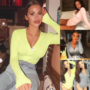 

Women Bodysuit Bodycon Jumpsuit Romper Leotard Tops Playsuit Long Sleeve Sexy V neck Slim Bodysuits