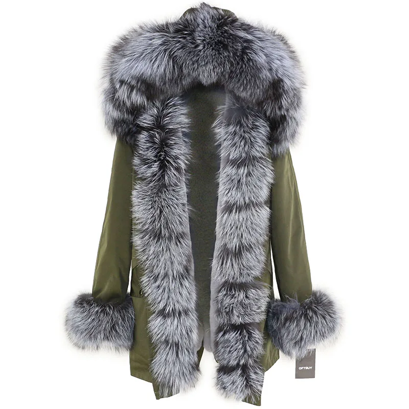 green silver OFTBUY, водонепроницаемая длинная парка, зимняя куртка, для женщин, натуральный мех, пальто, натуральный Лисий мех, воротник, капюшон, толстая, теплая, уличная, съемная, Новинка - Цвет: green silver