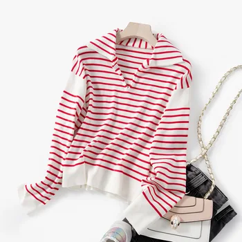

Women Sweater 2020 Spring New Retro V-neck Red Striped Sweater Navy Collar Sweater Top