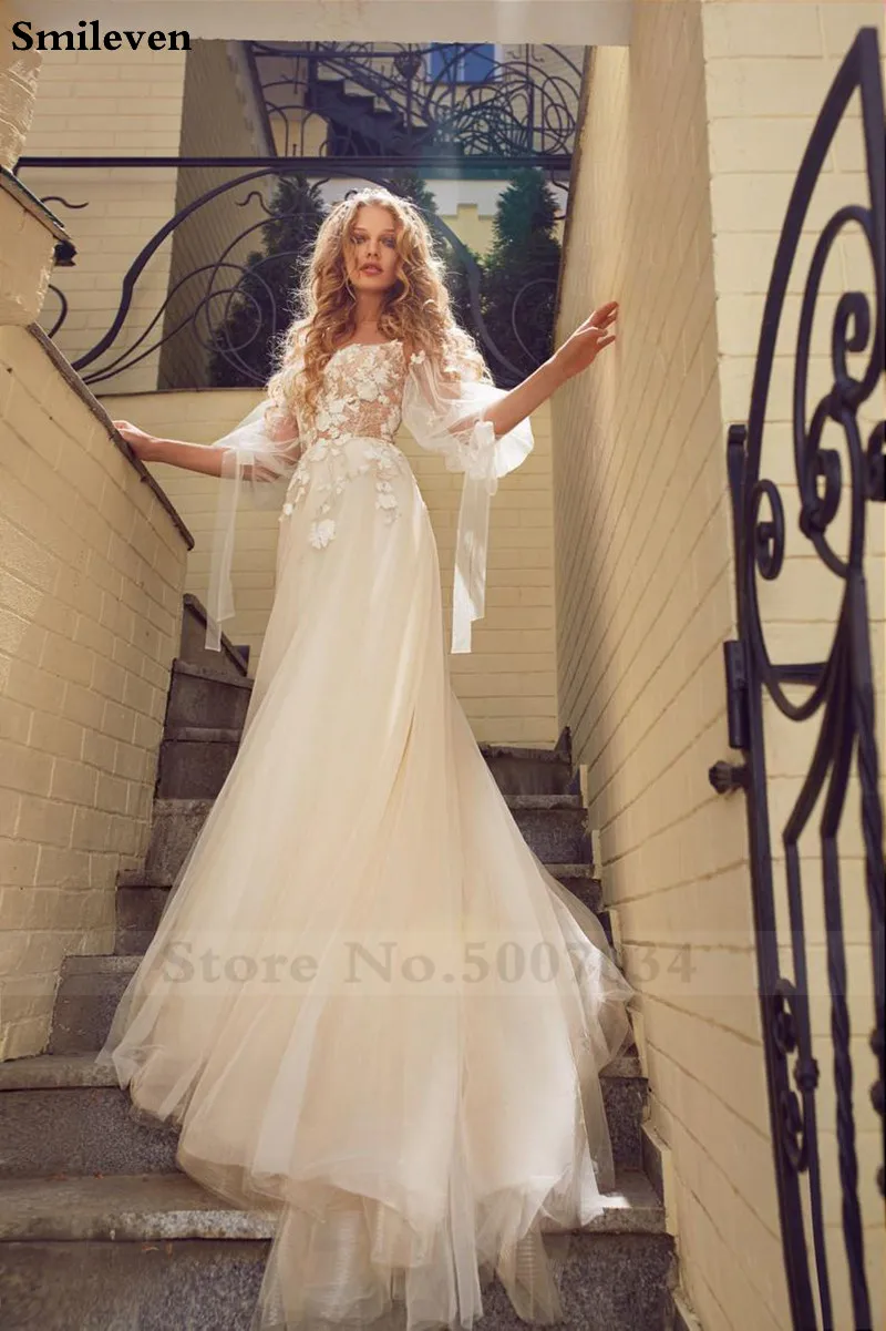 Свадебное платье с пышными рукавами со смайликом Бохо 3D аппликацией, бесцветный Vestido De Noiva кружевной свадебный Тюль платья на заказ
