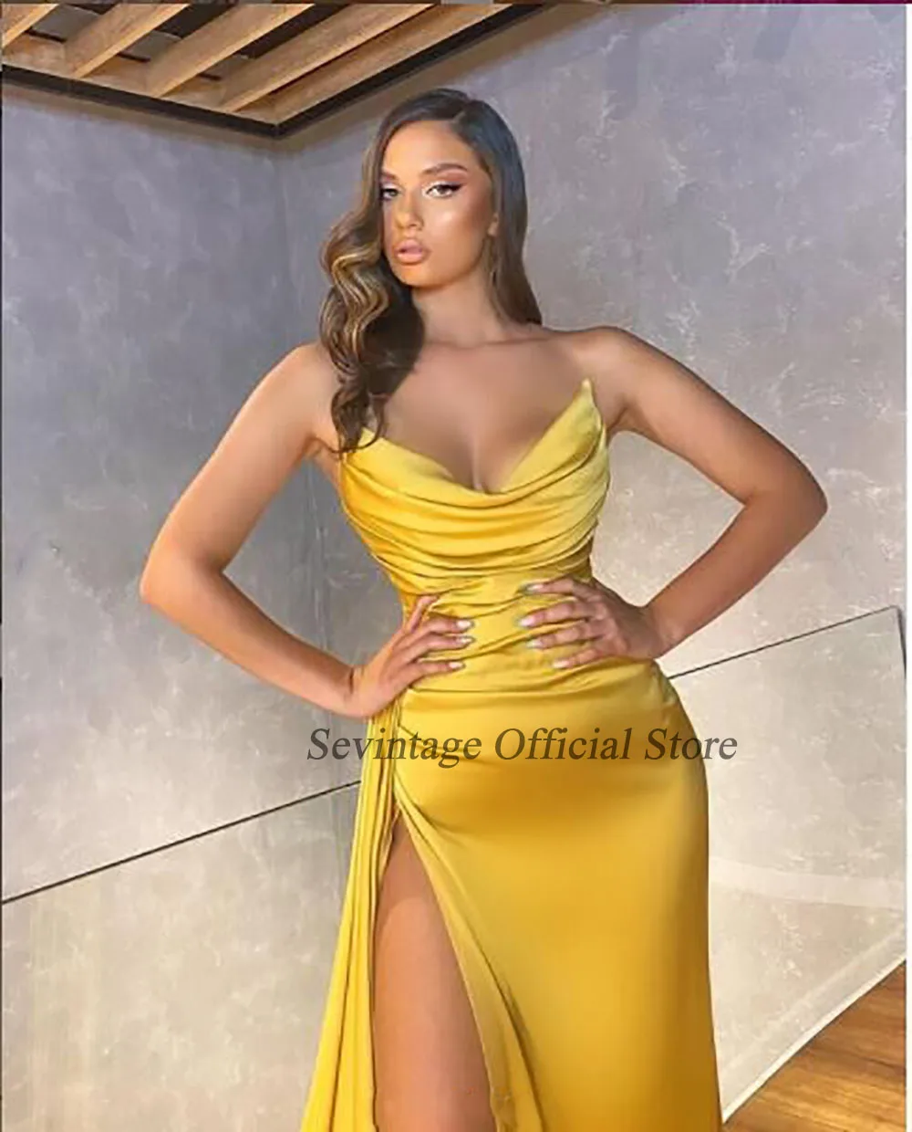 Sevintage Sexy High Side Split Evening Dresses Strapless Mermaid Soft Stain Prom Gowns Sleeveless Backless Party Dress