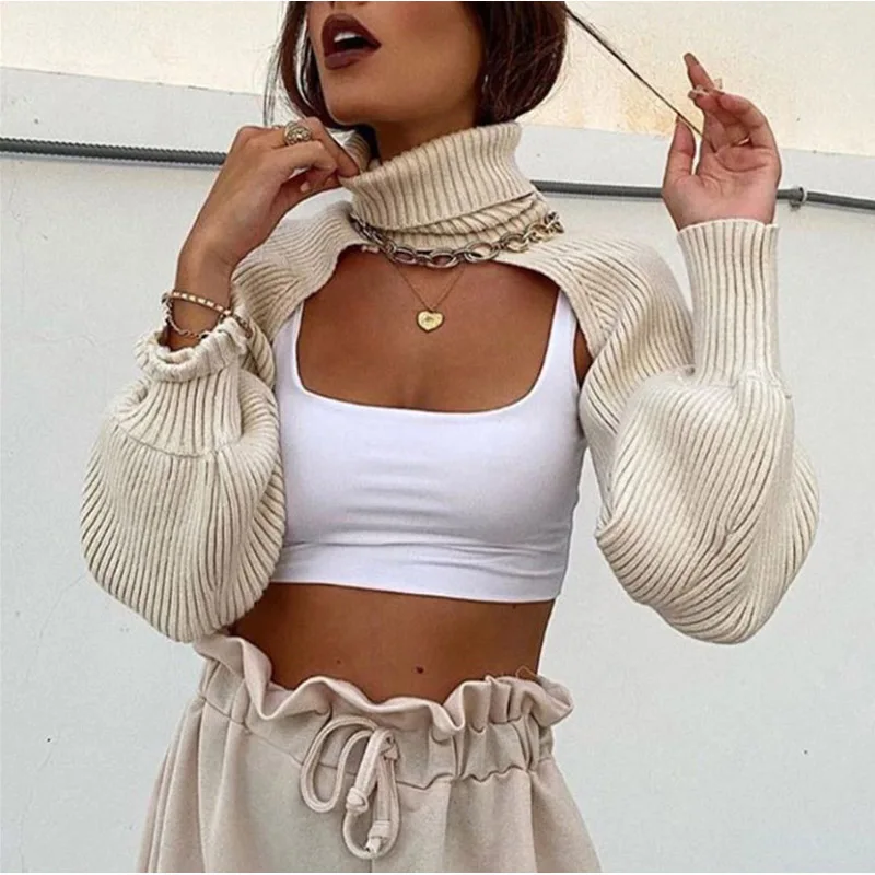 

Turtleneck Women Pullover Sweater Bare-Chested Sweatshirt Lantern-Sleeve Spring Autumn Sexy Sweater 2021 New Arrivals