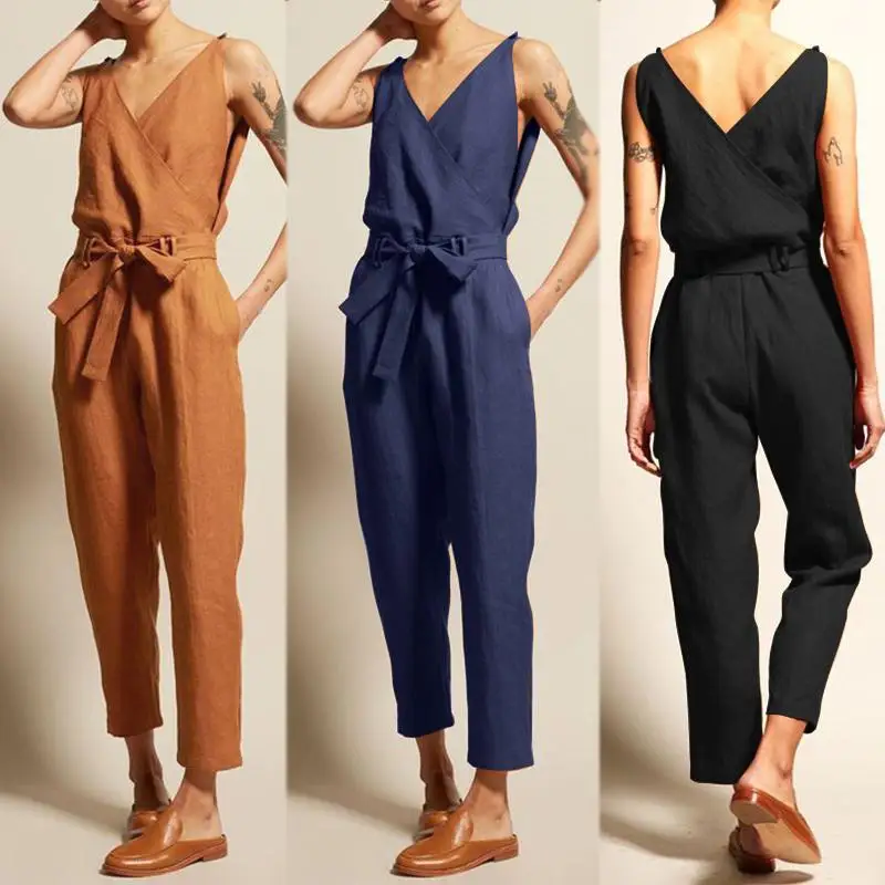 Элегантные Комбинезоны женские комбинезоны ZANZEA Pantalon V шеи ремень Комбинезоны Женский Повседневный женский комбинезон брюки негабаритных