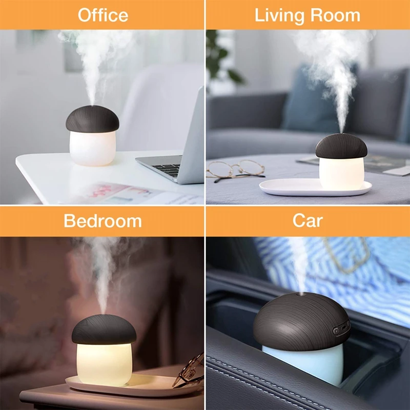 Portable Car Humidifier for Travel, Cool Mist Desk Personal Air Mushroom Humidifier with Night Lights, USB