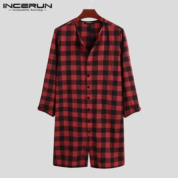 

INCERUN Men Plaid Romper Pajamas Long Sleeve Round Neck Leisure Button Playsuits Homewear 2020 Breathable Sleepwear Men Jumpsuit