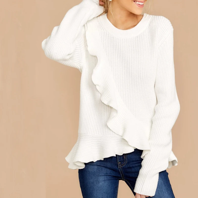 

Autumn Winter New Round Neck Sweaters Female Casual Long Sleeve White Sweater 3XL Fashion Solid Color Cross Ruffled Pullover