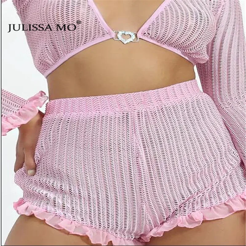 JULISSA MO Elegant Pink Sexy V Neck Playsuits Women Ruffles Long Sleeve Rompers Summer Beach Two Piece Set Short Jumpsuits