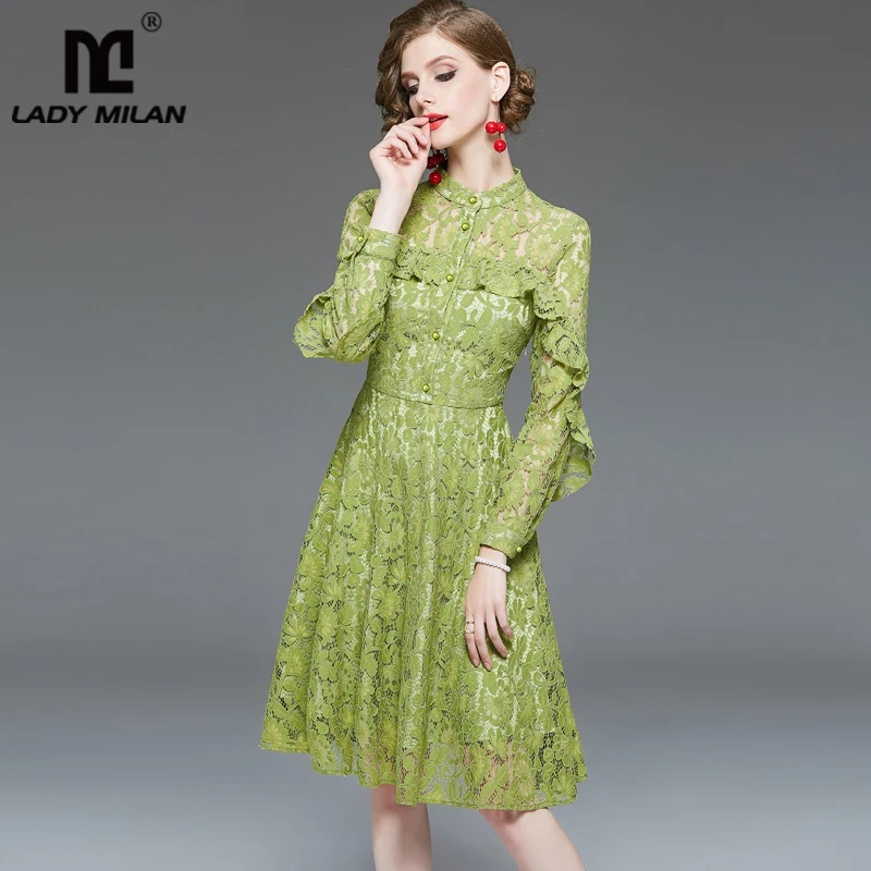 

Lady Milan Women's Runway Dresses O Neck Long Sleeves Embroidery Lace Ruffles Fashion Autumn Designer Dresses