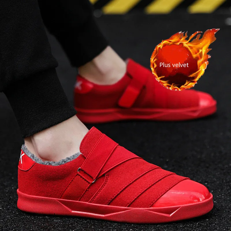 New high quality men's casual shoes fashion flat shoes walking shoes trend men's lazy shoes plus velvet warm sports men's shoes - Цвет: Red plus velvet