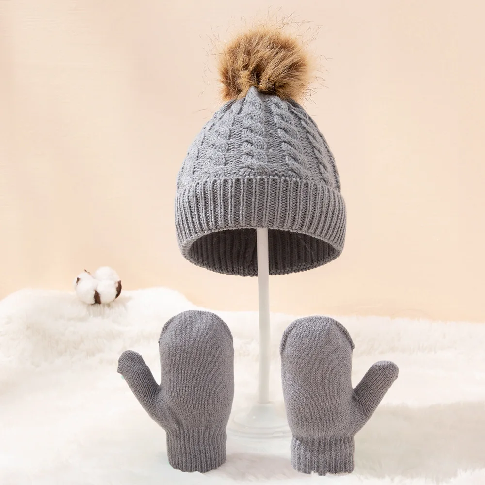 2 Pcs/Set Winter Warm Baby Boy Girl Hat Glove Set Soft Solid Color Toddler Pompom Beanie Glove Knitted Cotton Autumn Cap