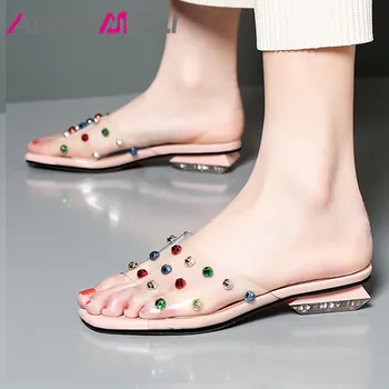 

ANNYMOLI Woman Slides Transparent Low Heels Mixed Color Crystal Block Heel Slippers Square Toe Sandals Female Shoes Sliver 34-43