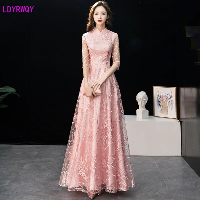 

2019 spring and autumn new Korean women's collar collar five-point sleeve stitching mesh waist slimming long temperament dress