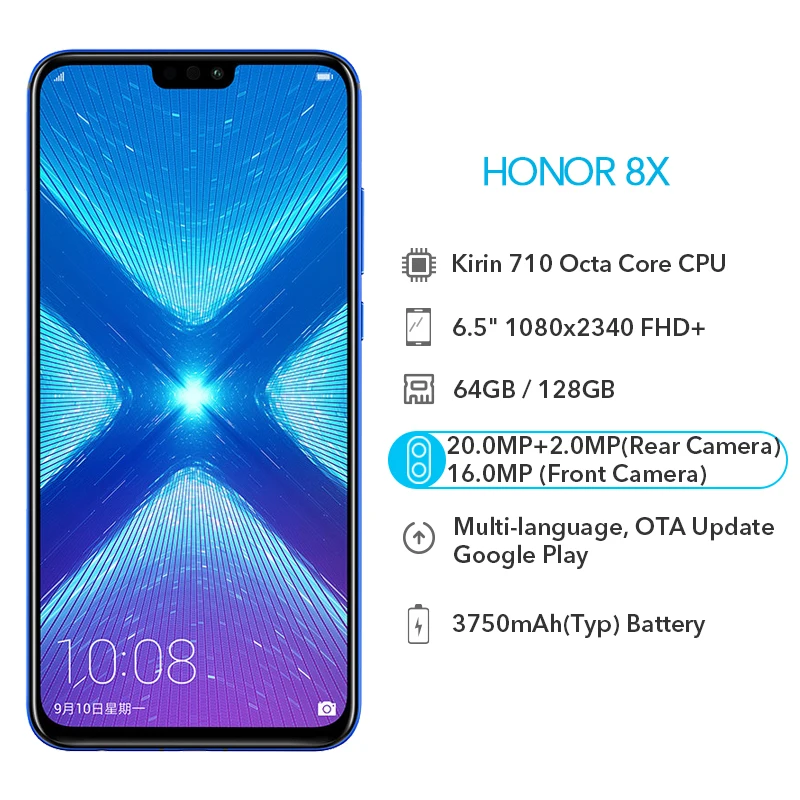 Honor 8X64 GB 8 X мобильный телефон Kirin 710 Восьмиядерный 20MP двойная камера заднего вида 6," 19,5: 9 экран FullView 3750mAh