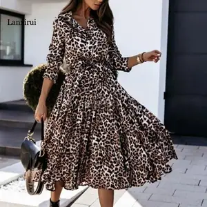 Elegant Autumn Leopard Printed Sundress Bohemian Women Lapel Neck Shirt Dress Femme Robe Long Sleeve Party Midi Vestidos