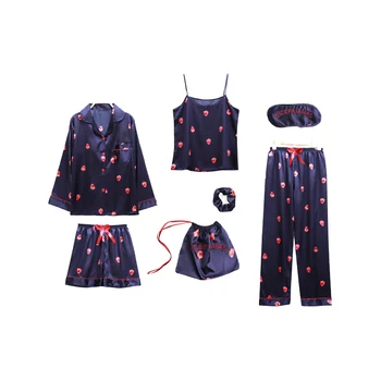 

women pajamas seven-piece setting pyjamas female strawberry silk home service suit sleepwear clothing pajama sets long sleeve