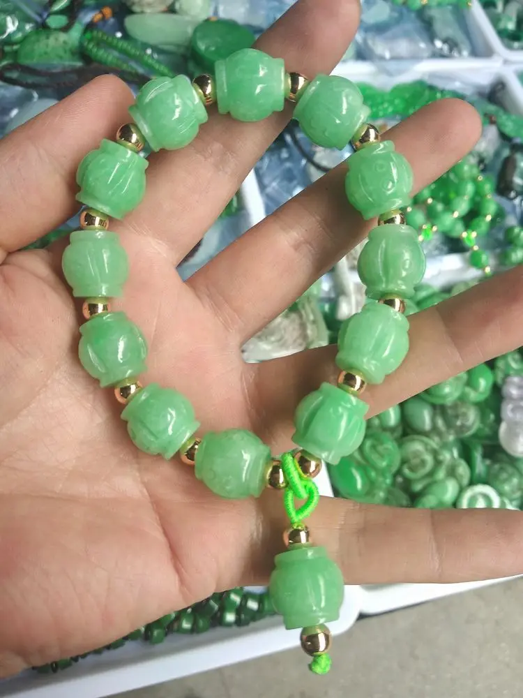 

Beautiful Green Jade Bangle lantern bead bracelet gemstone rosary amulet bless Talisman