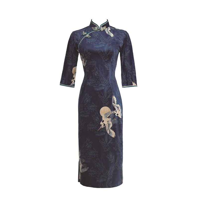 Женское платье Чонсам голубое винтажное замшевое Qipao сексуальное длинное платье весна осень повседневное женское свадебное платье тонкое уличная одежда