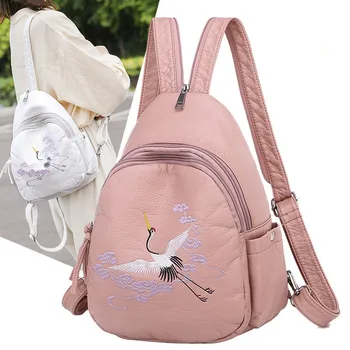 

Fashion 2-in-1 Women Backpack Lady Chest Bag with lovely Rabbit Embroidery Soft Pu Leather Large Capacity Chinese Style Mochila