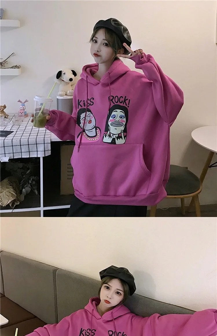 Новинка, модная женская толстовка, осенняя одежда, корейский Ulzzang Harajuku, Мультяшные Свободные толстовки, ходи, женские бархатные толстовки с капюшоном