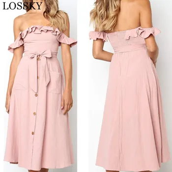 

Elegant Sexy Off Shoulder Ruffle Women Party Dress Elegant Black Button Belt Summer Dress Casual Female Midi Lady Vestidos Festa