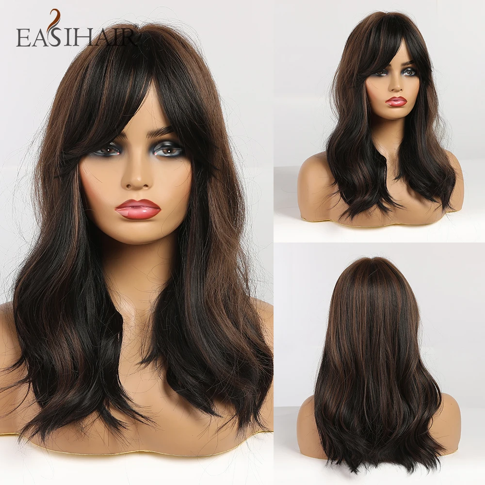Synthetic-Wigs Bang Wigs Brown EASIHAIR Natural Medium-Length Women Highlight Heat-Resistant