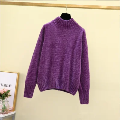 purple Fdfklak кашемировый утепленный Золотой бархатный свитер из синели, пуловер на осень и зиму, свитер с высоким воротником, женская вязаная свободная одежда - Цвет: purple