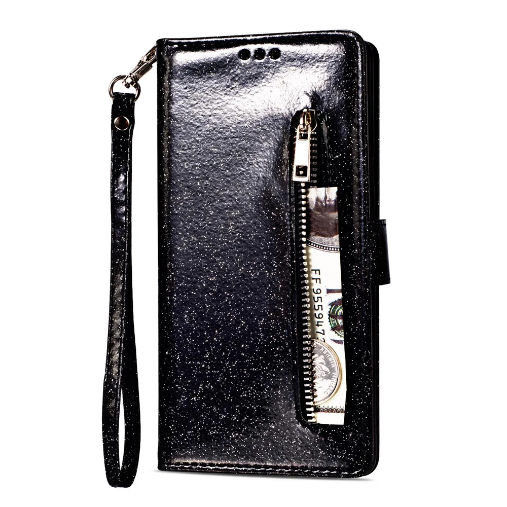 

Glitter Leather PU Flip Zipper Wallet Phone Case for Samsung Note 8 9 S10 Lite Se Plus S6 S7 edge S8 S9 Plus Card Holder Cover