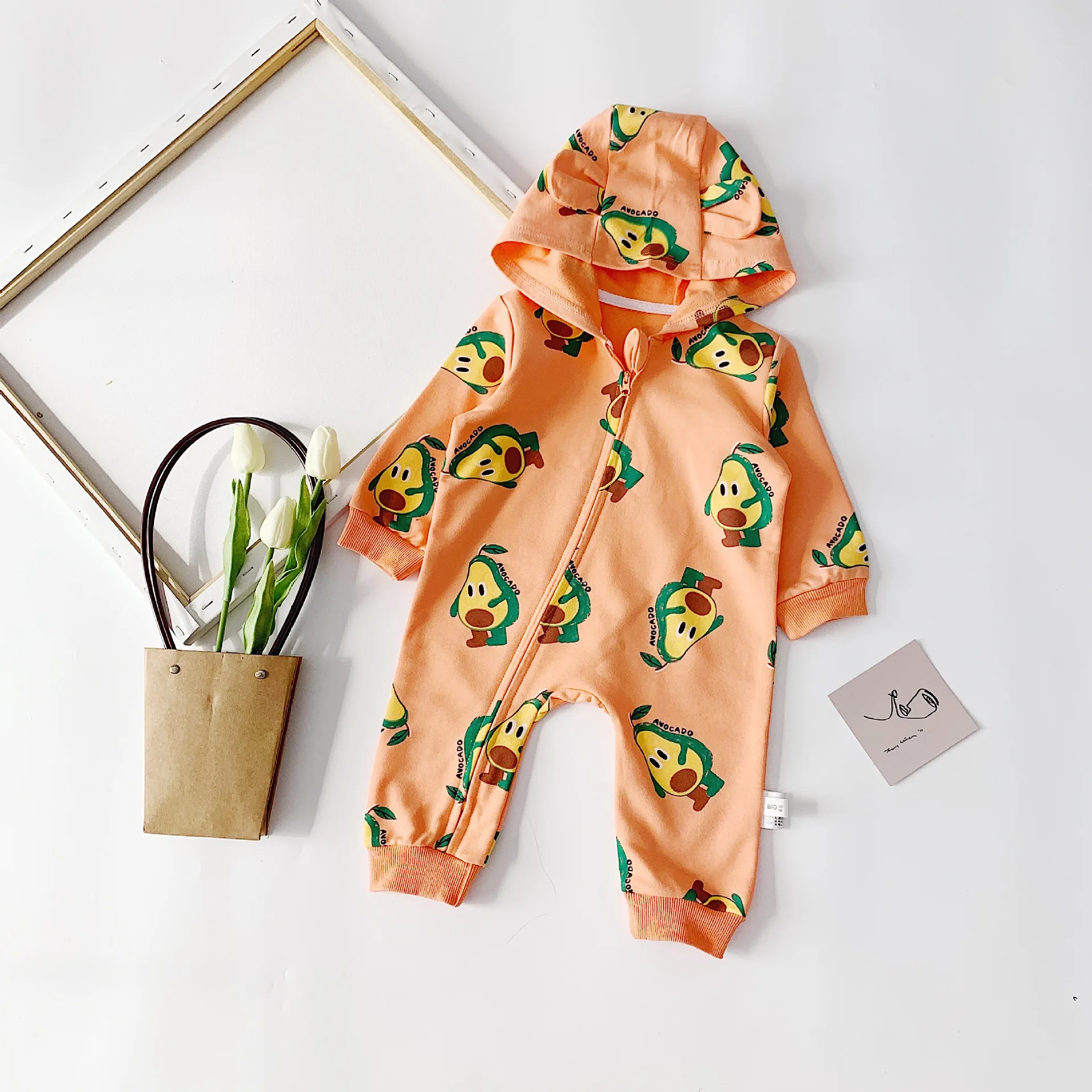 Autumn infant kids cute avocado printing hooded rompers baby boys girls cotton zipper long sleeve jumpsuits