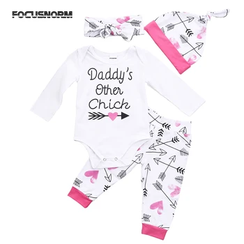 

Newborn Infant Baby Girls Cotton Long Sleeves Tops Romper Pants Hat Headband 4Pcs Outfits Set Clothes