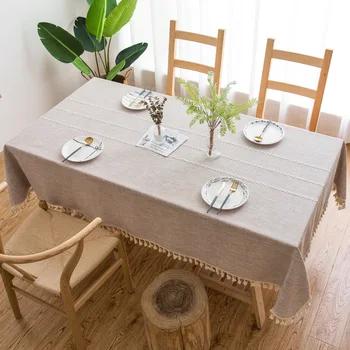 

New Japan Style Linen Cotton Tassel Table Cloth Rectangular Lace Edge Tablecloth For Wedding Dustproof Table Covers Home Textile