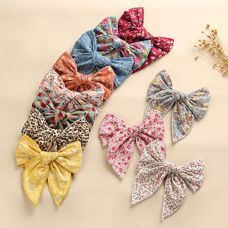 

6 Inches Bows For Girls Hairpins Baby Hair Clips Headband Newborns Headbands Children Floral Print Hooks Cute Accessories 2Pcs