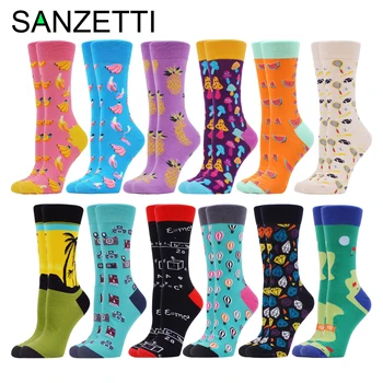

SANZETTI 12 Pairs Of Fun Pattern Women's Combed Cotton Crew Happy Colorful Socks Fun Banana Balloon Novelty Wedding Gift Socks