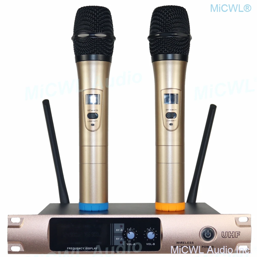 

MiCWL Dual Channel Audio Wireless Microphone System Golden Dynamic Handheld Mics For Karaoke Home church school 2 XLR output